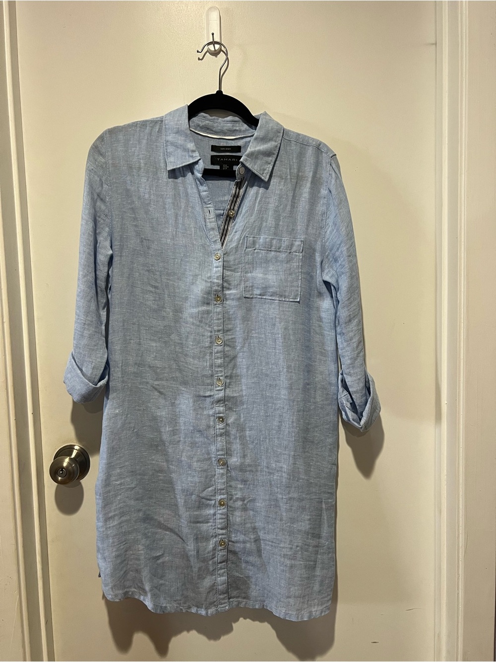 Tahari Light Blue Linen Button-Down Tunic Shirt